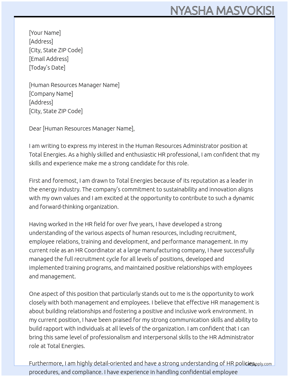 Human Resources Administrator At Total Energies Cover Letter