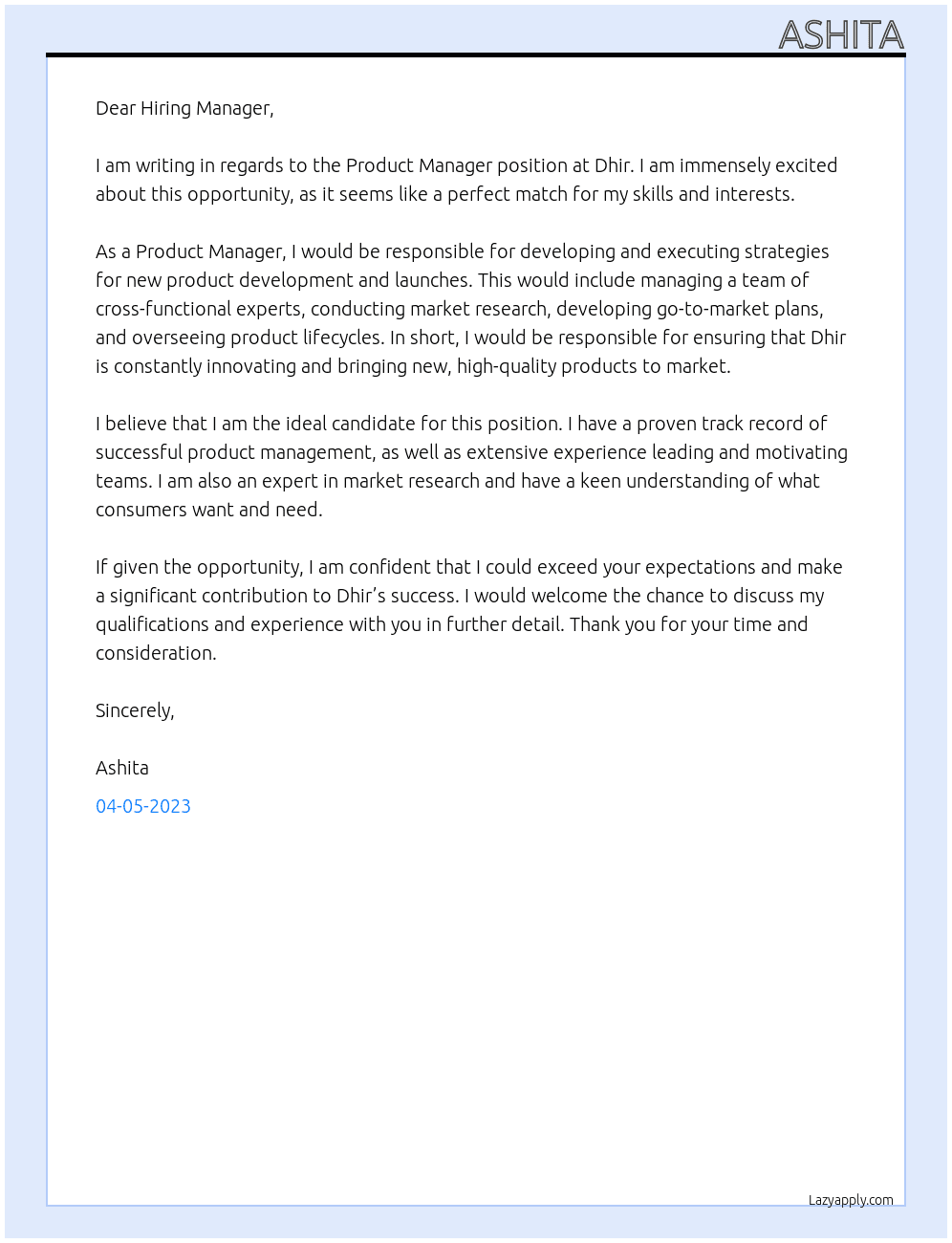 Product Manager At Dhir Cover Letter