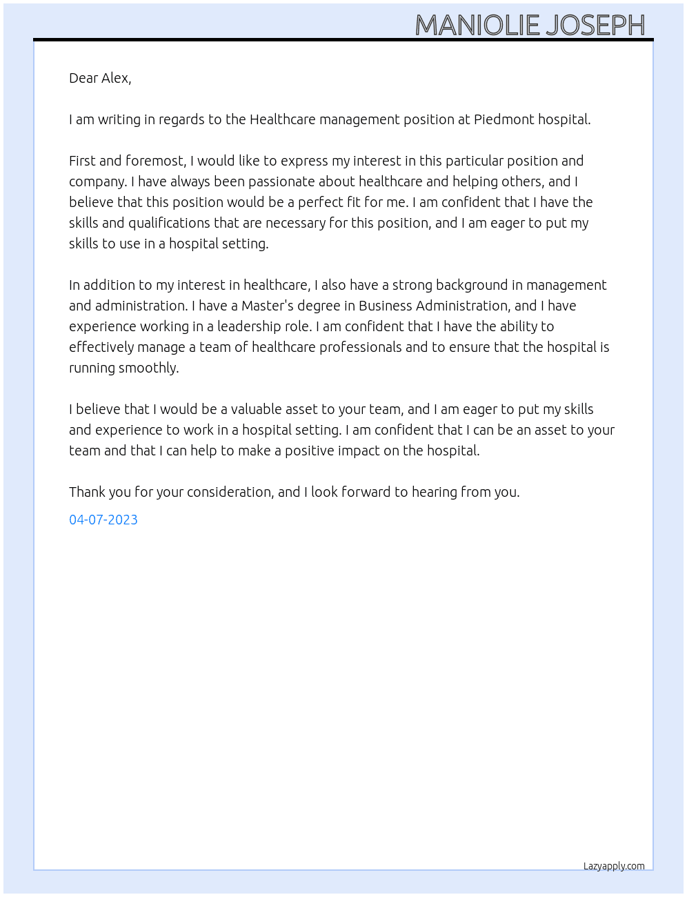 Healthcare management  At Piedmont hospital  Cover Letter