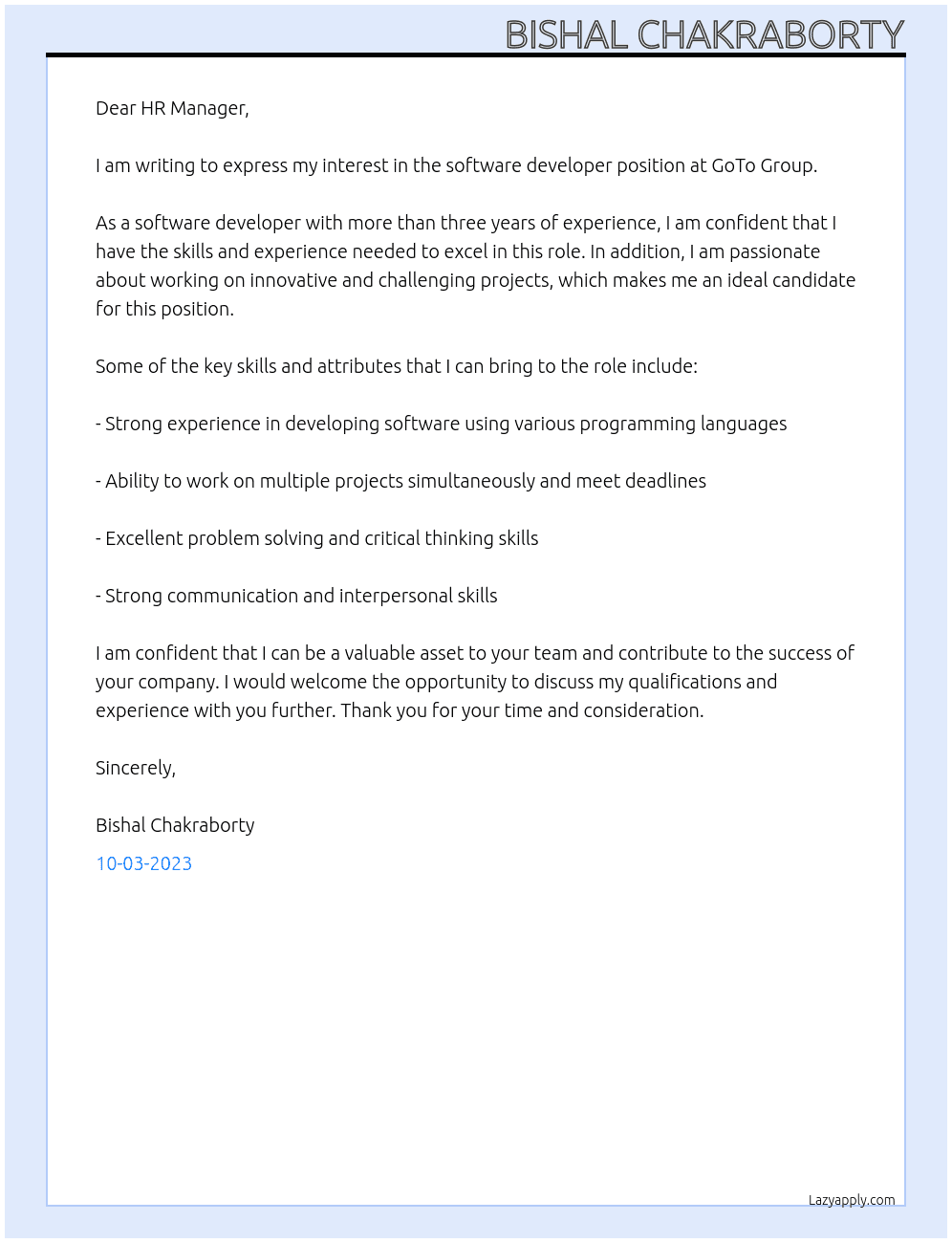 software developer At GoTo Group Cover Letter