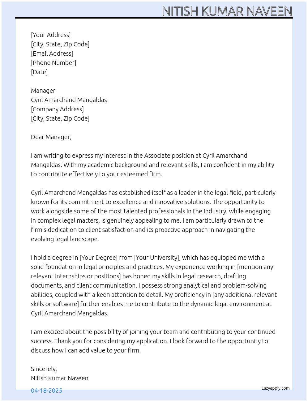 Associate At Cyril Amarchand Mangaldas Cover Letter