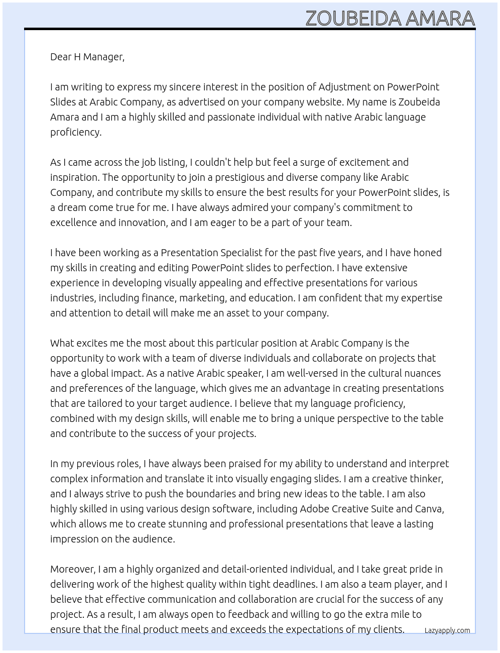 Adjustment on powerpoint slides At Arabic company Cover Letter