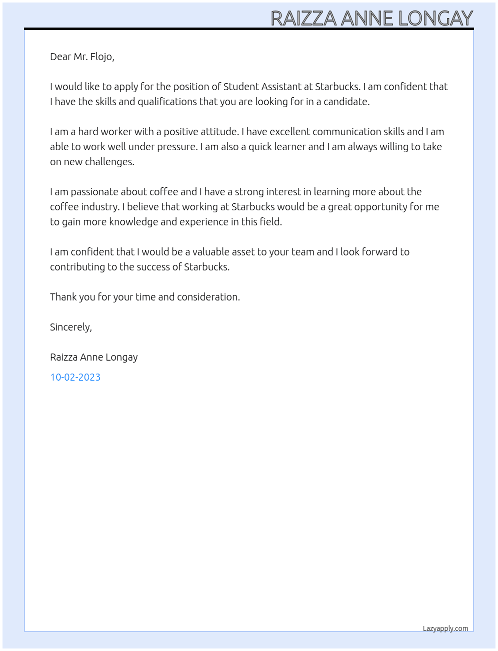 Student assistant At starbucks Cover Letter