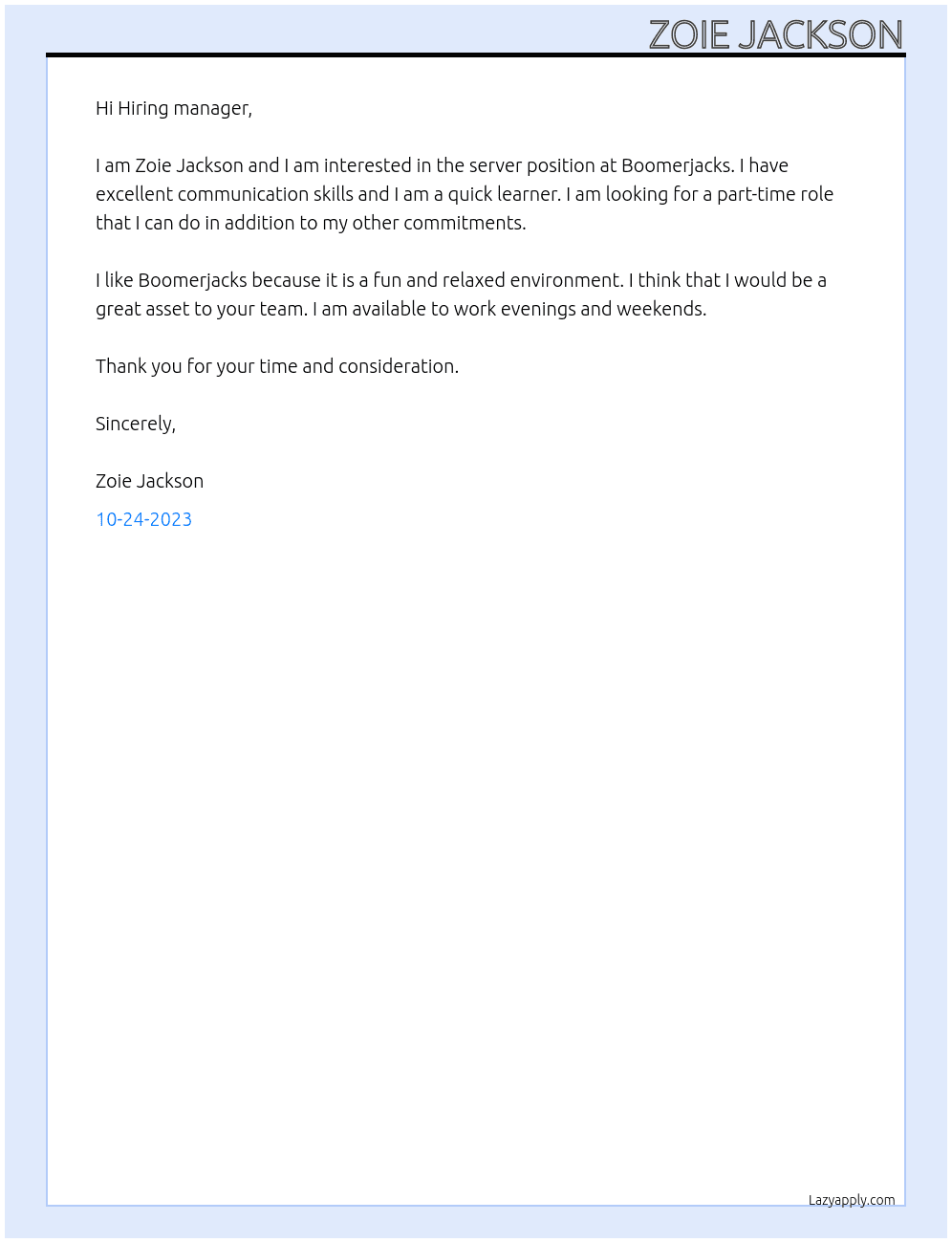 Server At Boomerjacks Cover Letter