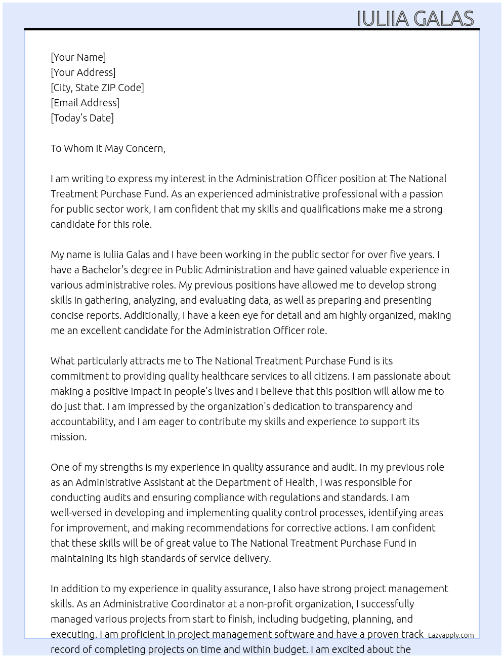 Administration Officer At The National Treatment Purchase Fund Cover Letter