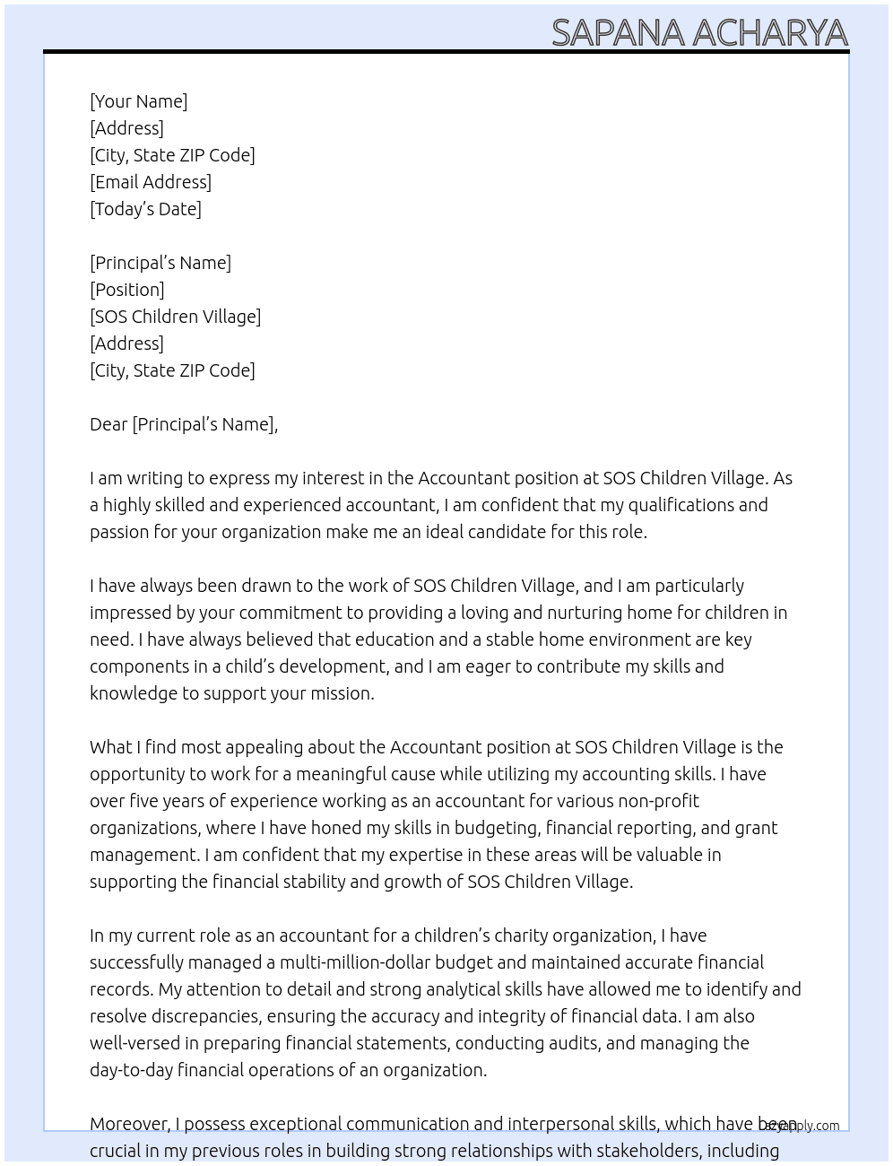 accountant At sos children villeage Cover Letter
