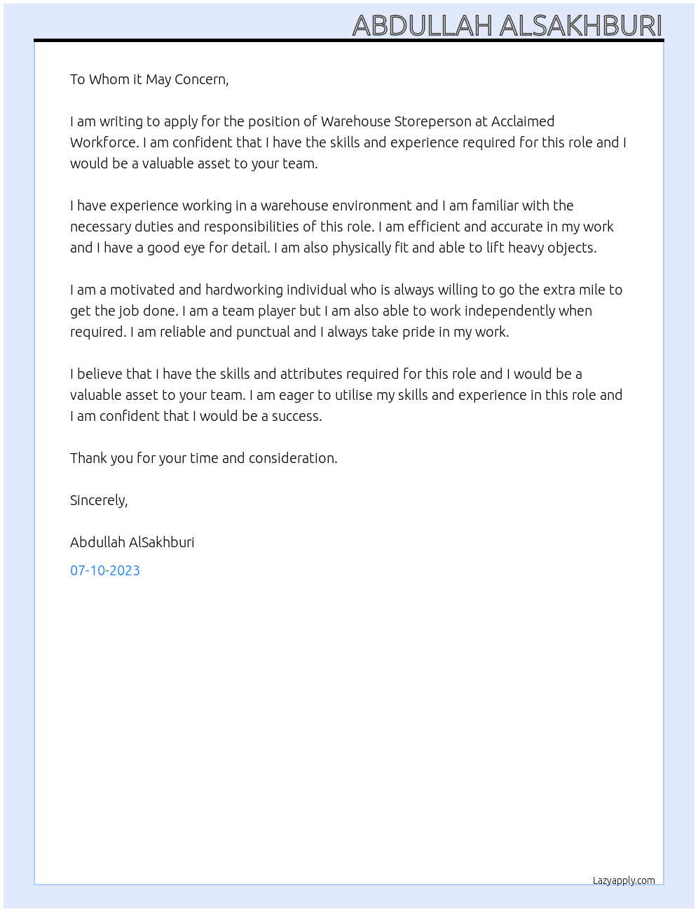 Warehouse Storeperson At Acclaimed Workforce Cover Letter