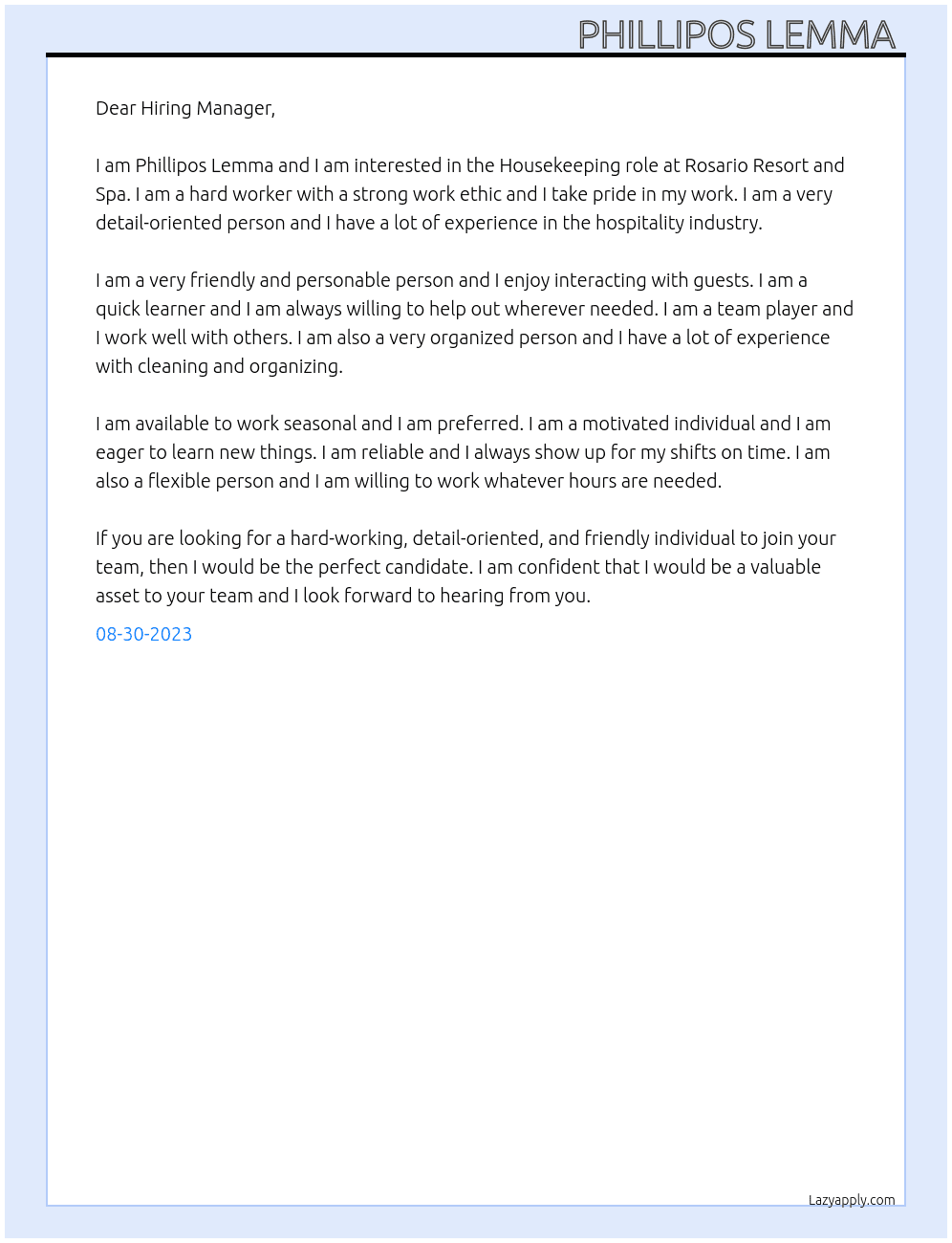 Housekeeping  At Rosario Resort and Spa Cover Letter