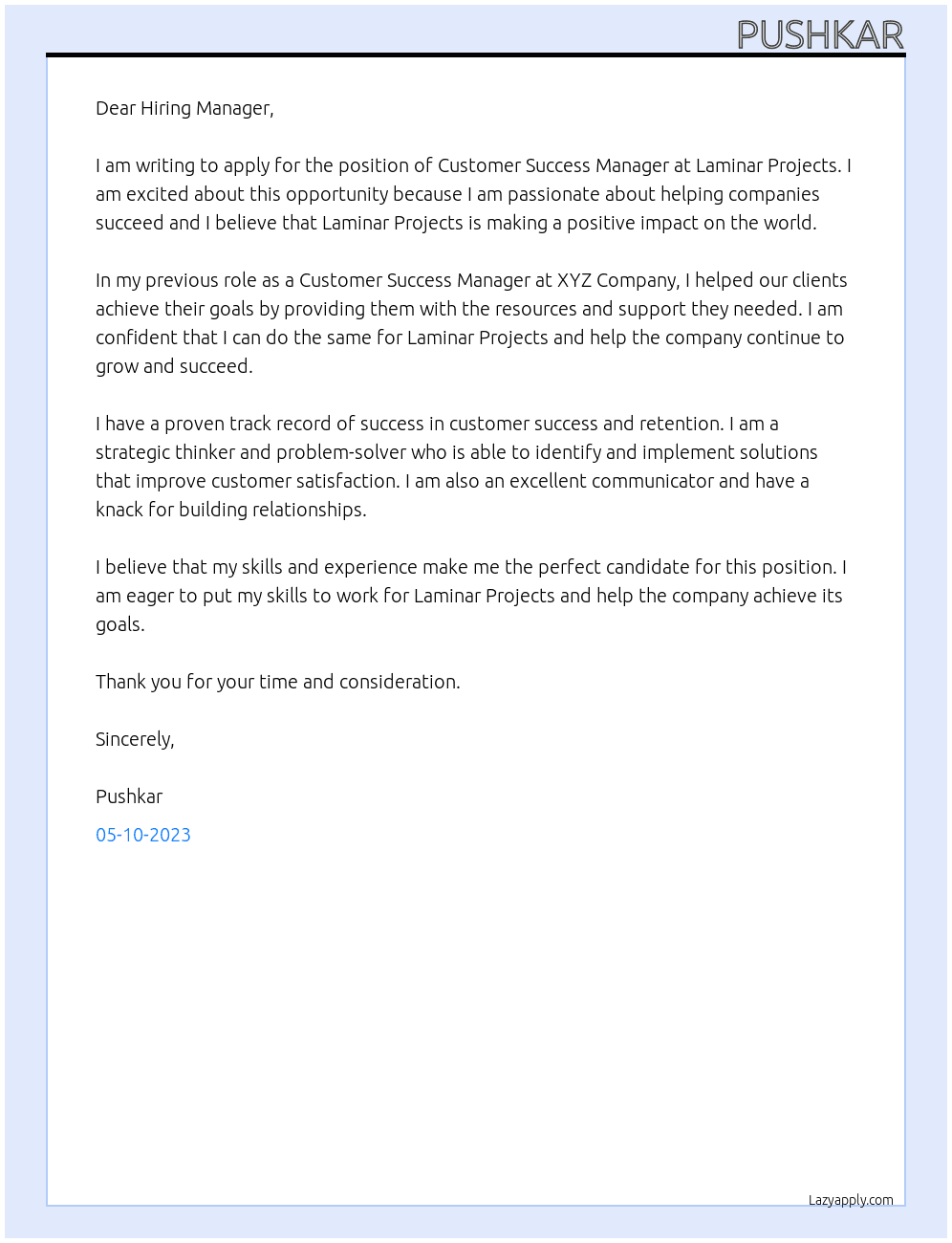 customer success manager At Laminar Projects Cover Letter