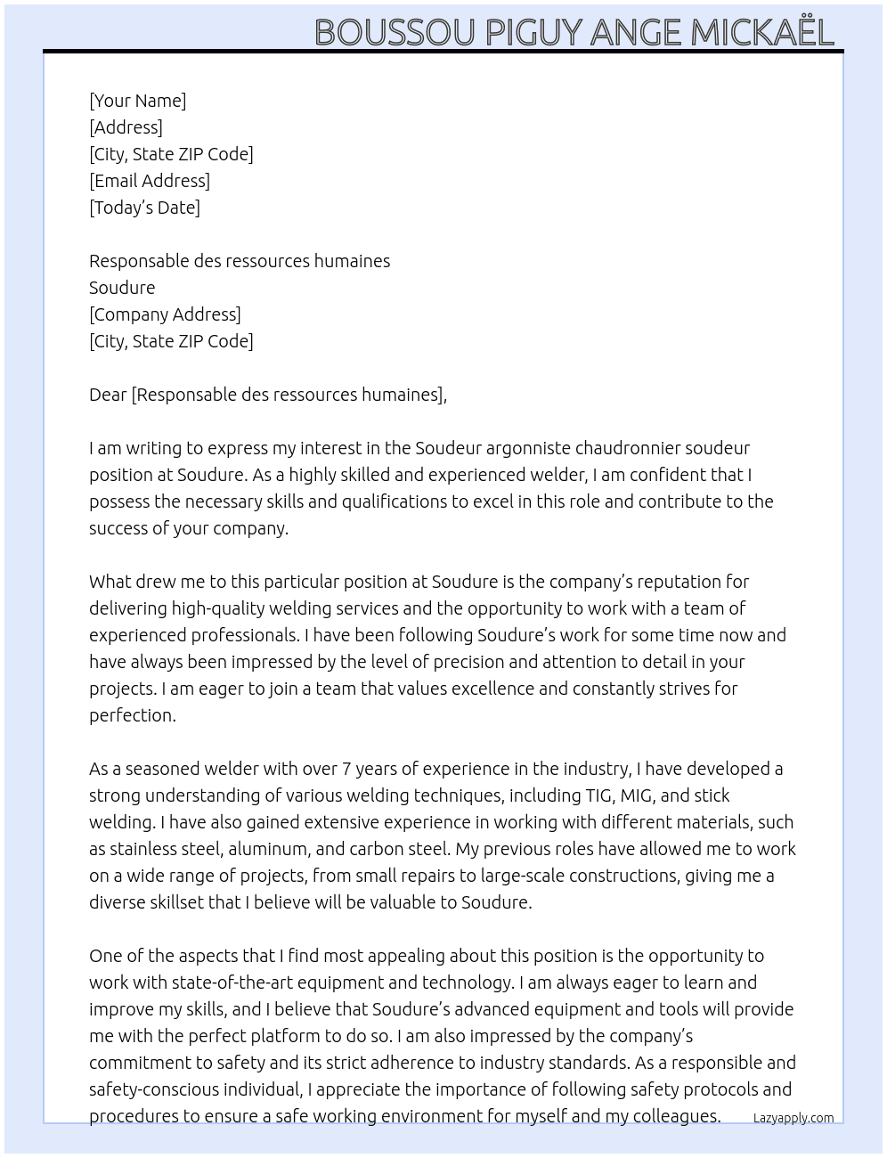 Soudeur argonniste chaudronnier soudeur  At Soudure Cover Letter