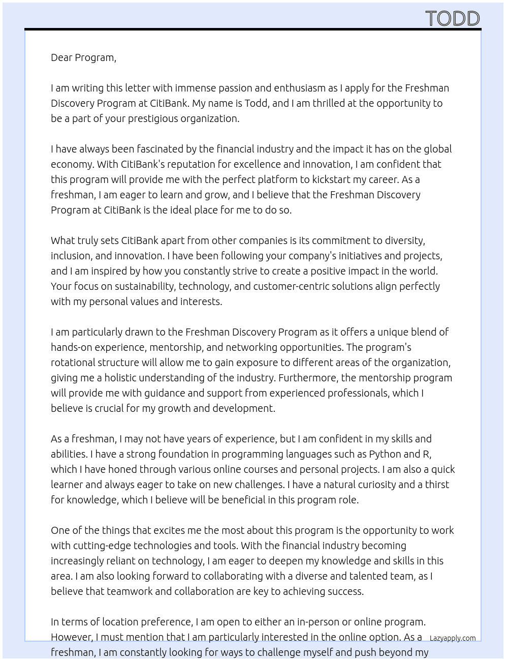 Freshman Discovery Program At CitiBank Cover Letter