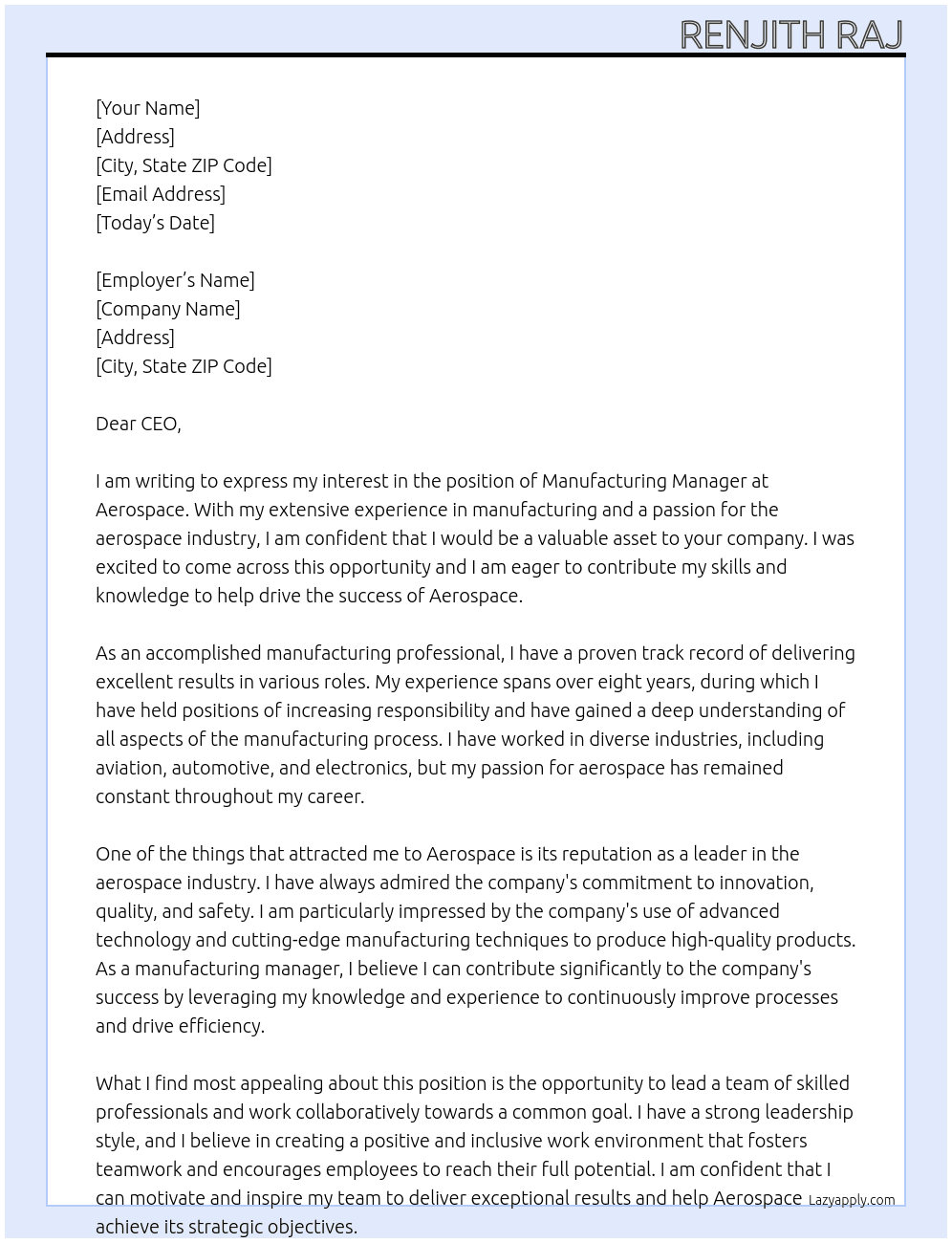 Manufacturing manager  At Aerospace  Cover Letter