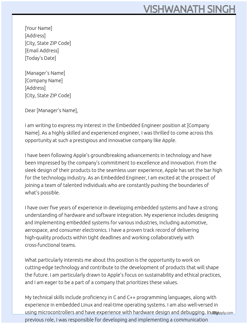 Embedded Engineer At apple Cover Letter