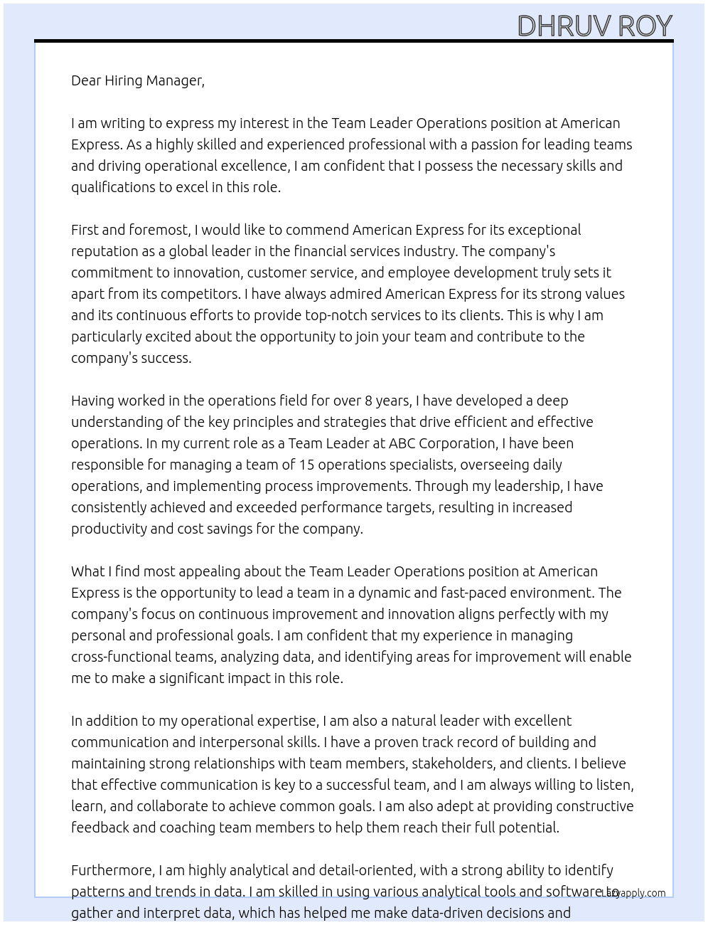 Team leader Operations  At American Express  Cover Letter