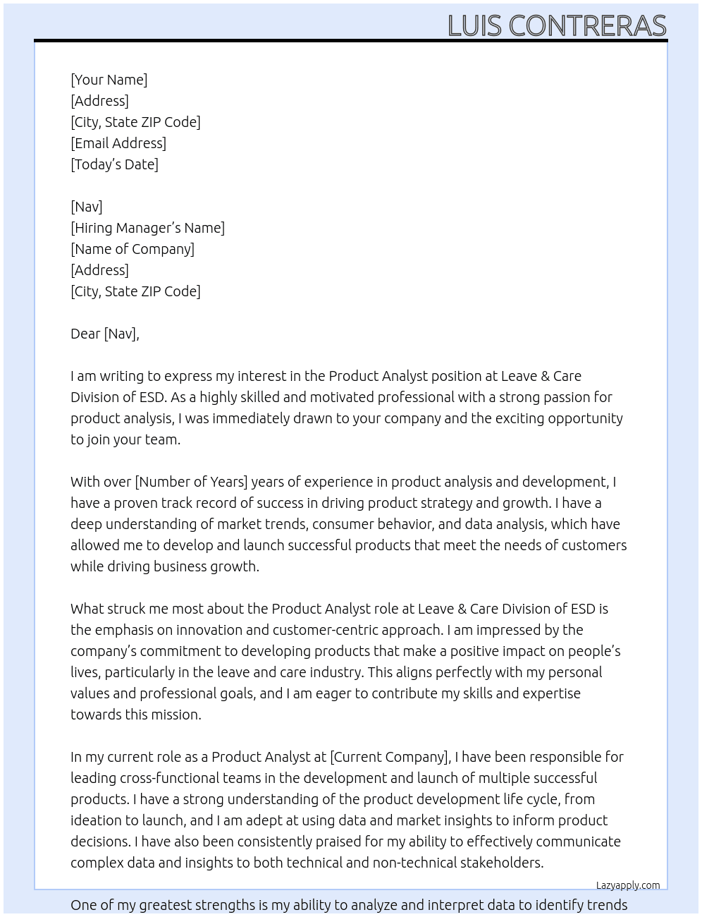 Product Analyst At Leave & Care Division of ESD  Cover Letter