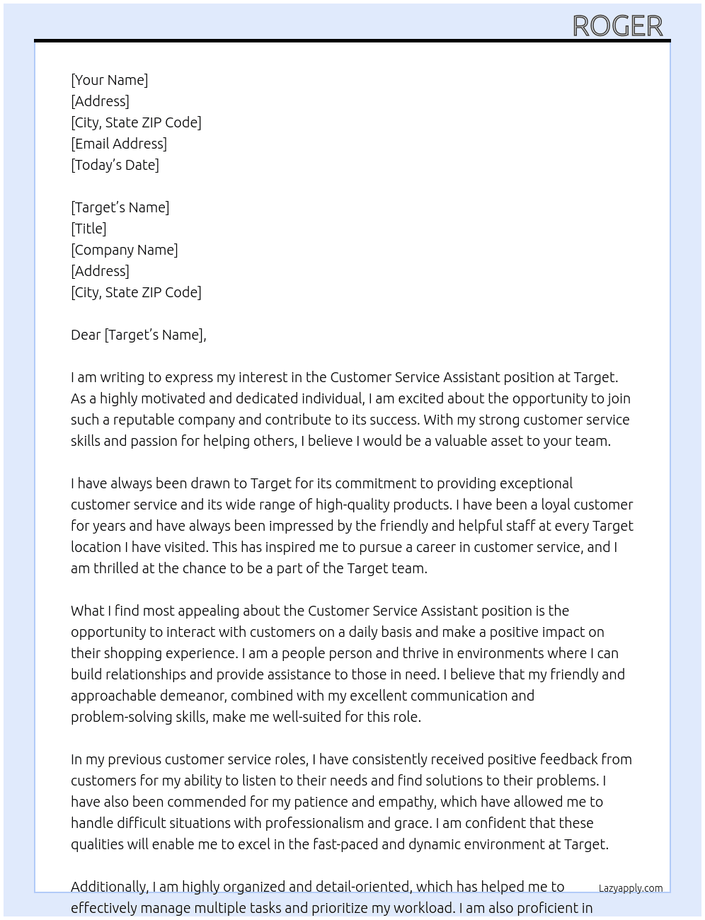 Customer Service Assistant At Target Cover Letter