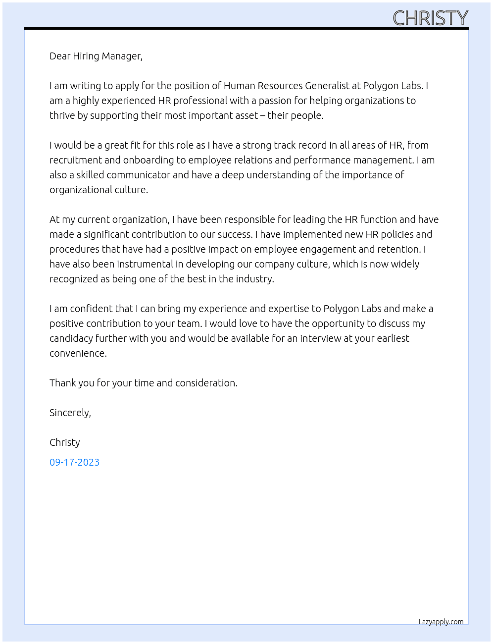 Human Resources Generalist At Polygon Labs Cover Letter