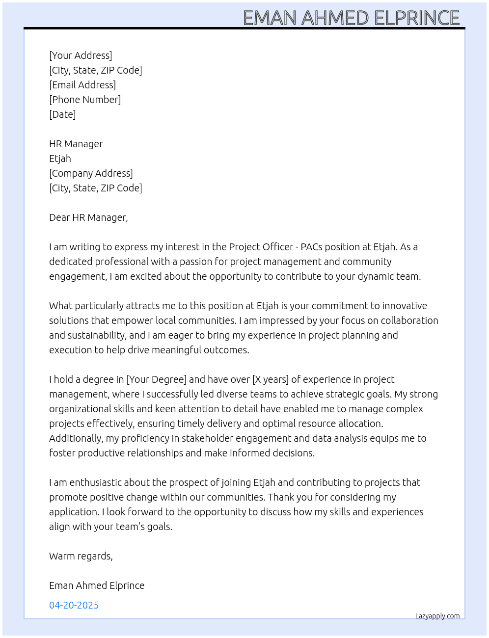 Project Officer - PACs At Etjah Cover Letter