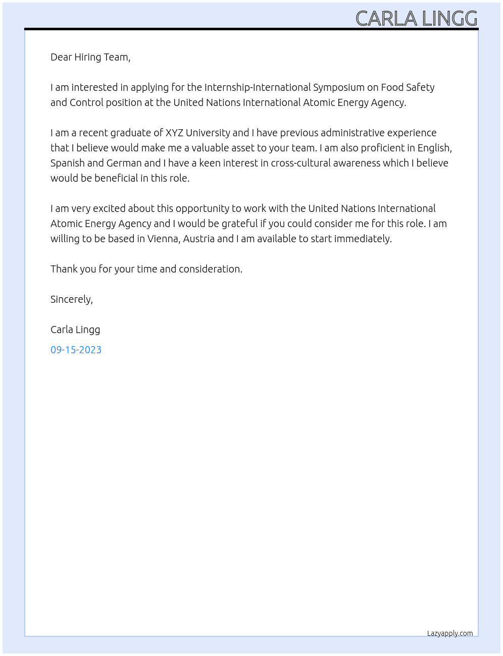 Internship-International Symposium on Food Safety and Control At United Nations International Atomic Energy Agency Cover Letter
