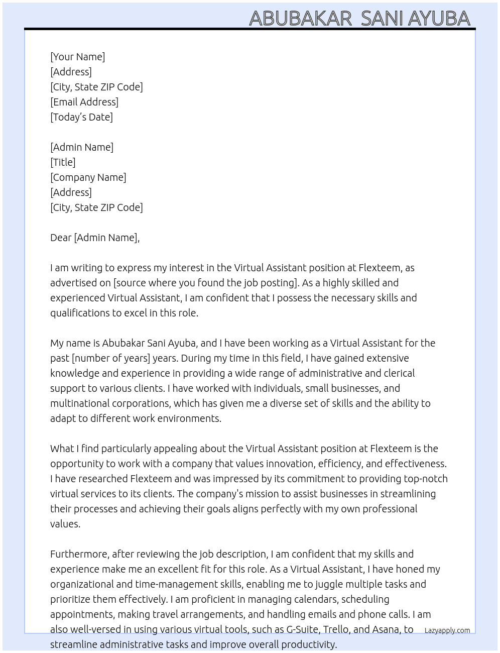 Virtual assistant  At Flexteem Cover Letter