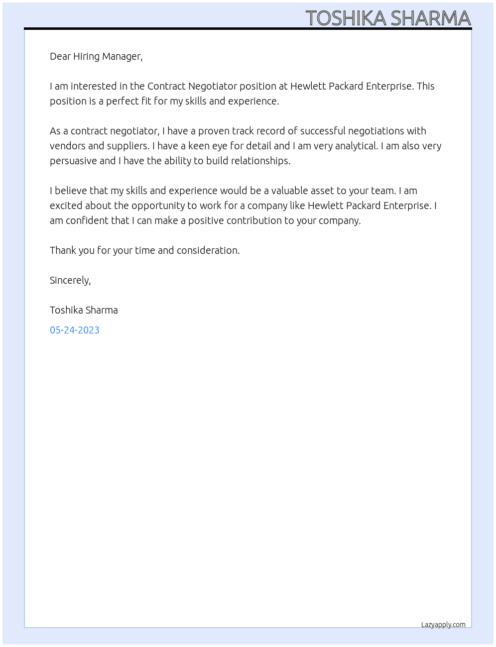 Contract Negotiator  At Hewlett Packard Enterprise Cover Letter
