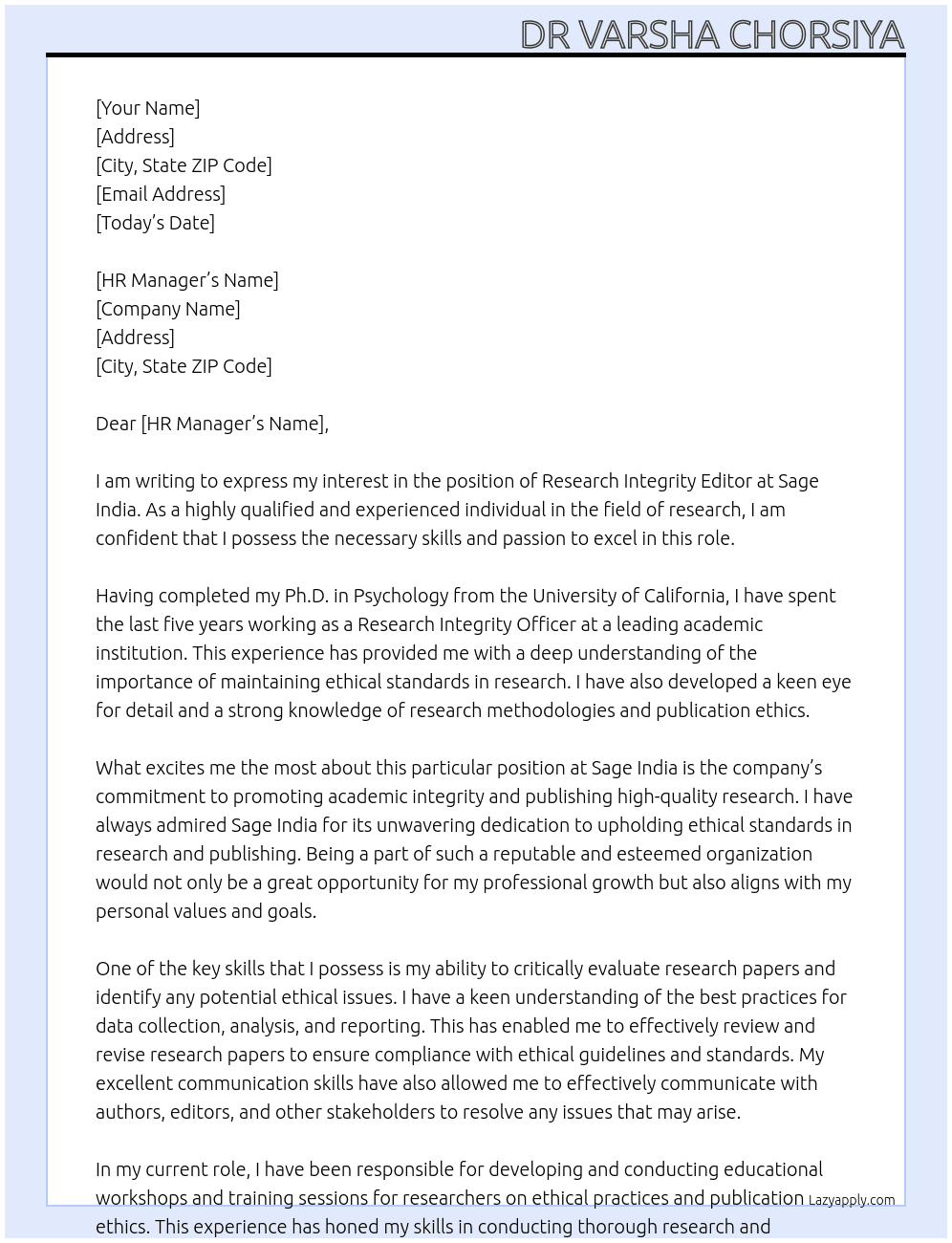 Cover letter for research integrity editor - LazyApply