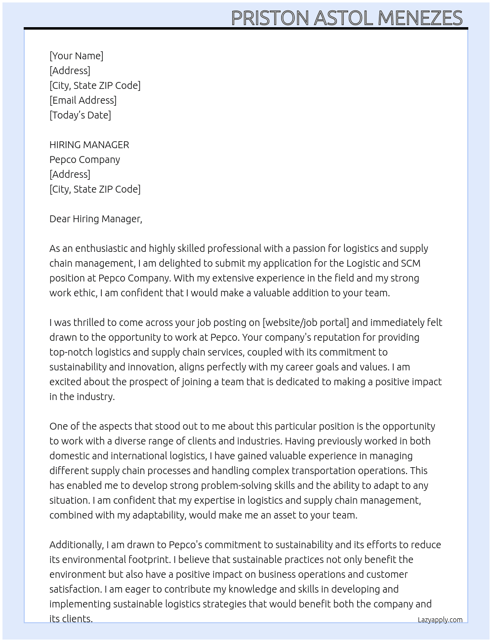 Logistic and SCM  At Pepco company  Cover Letter