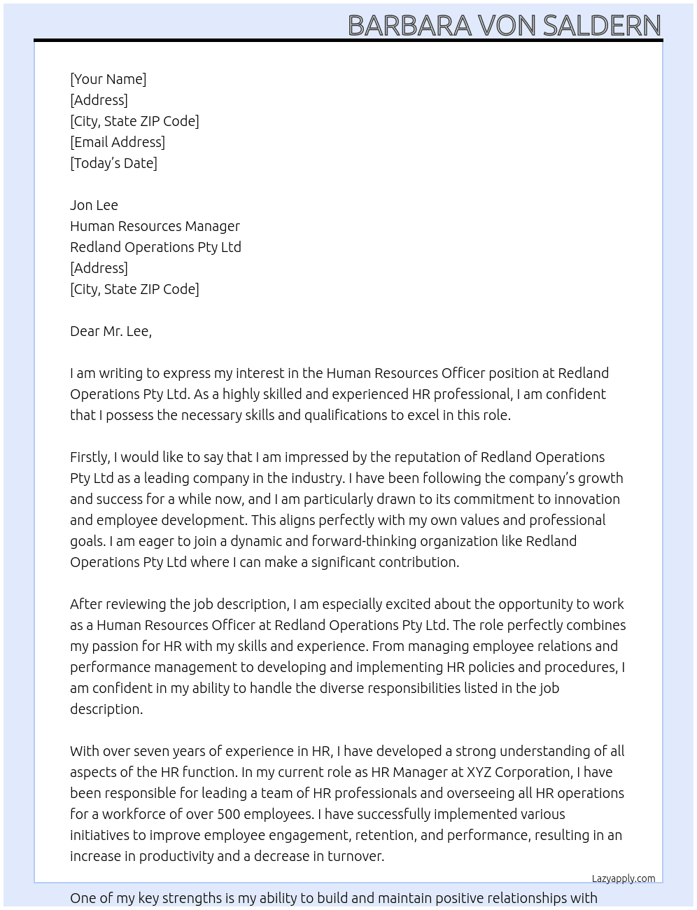 Human Resources Officer At Redland Operations Pty Ltd Cover Letter