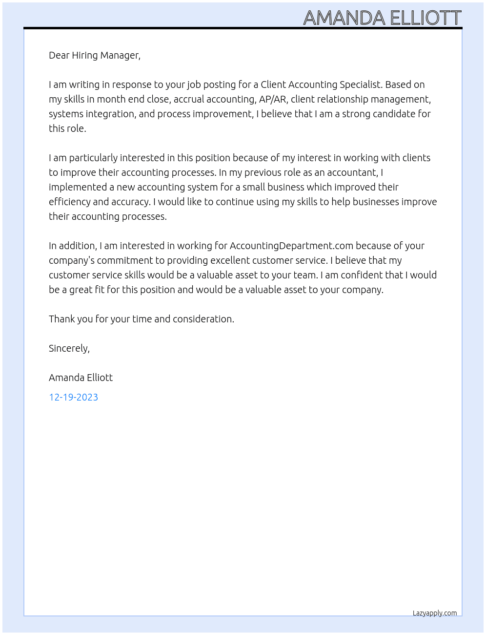 Client Accounting Specialist At AccountingDepartment.com Cover Letter