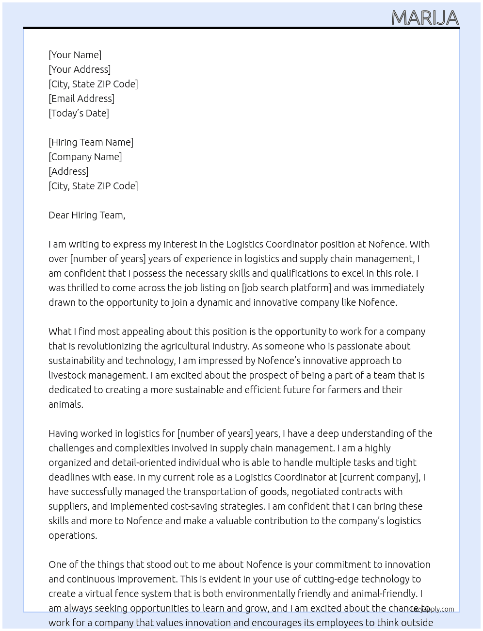 Logistics Coordinator At Nofence Cover Letter