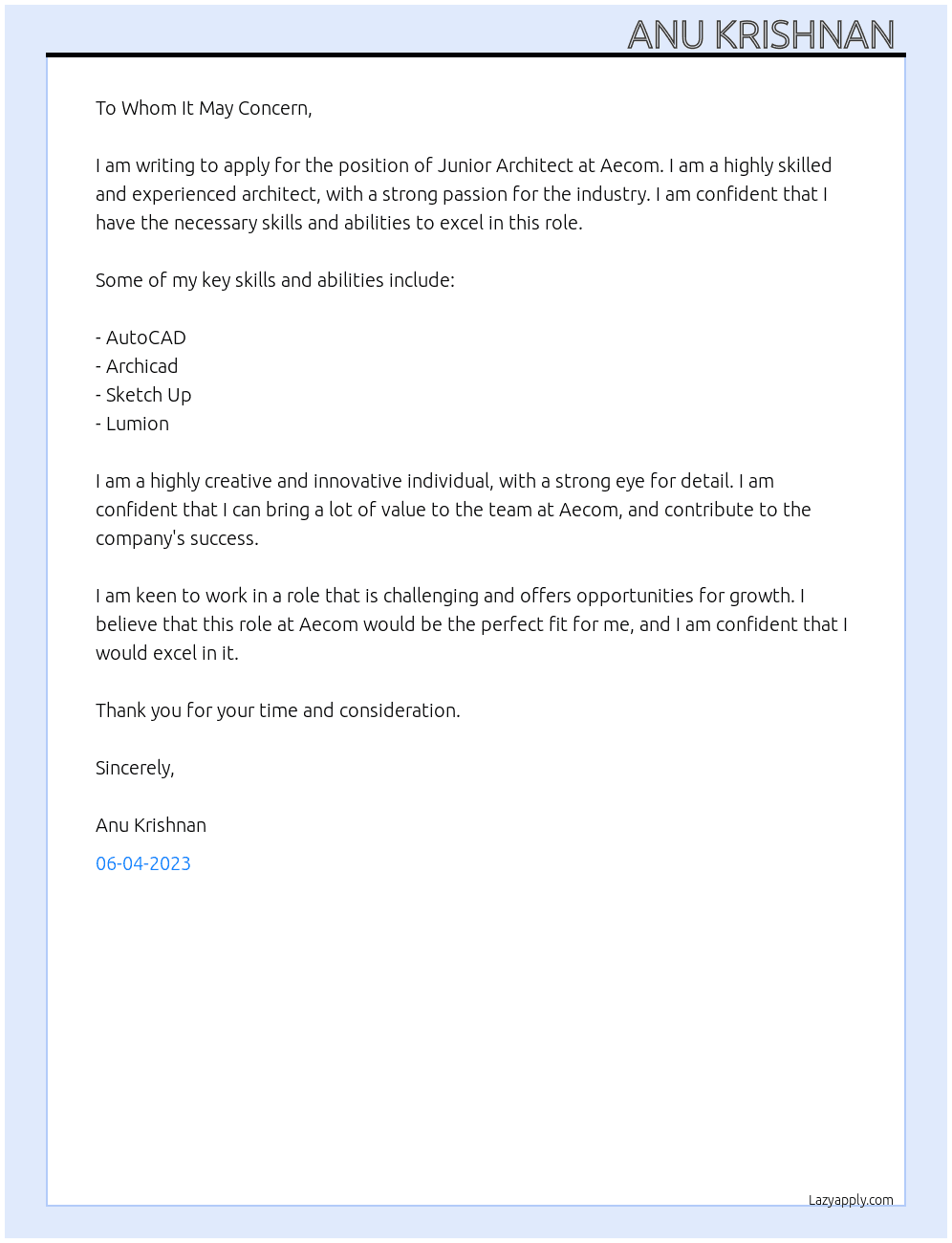 Junior architect  At Aecom Cover Letter