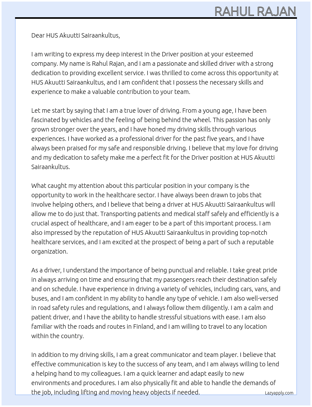 Driver At HUS Akuutti Sairaankultus Cover Letter