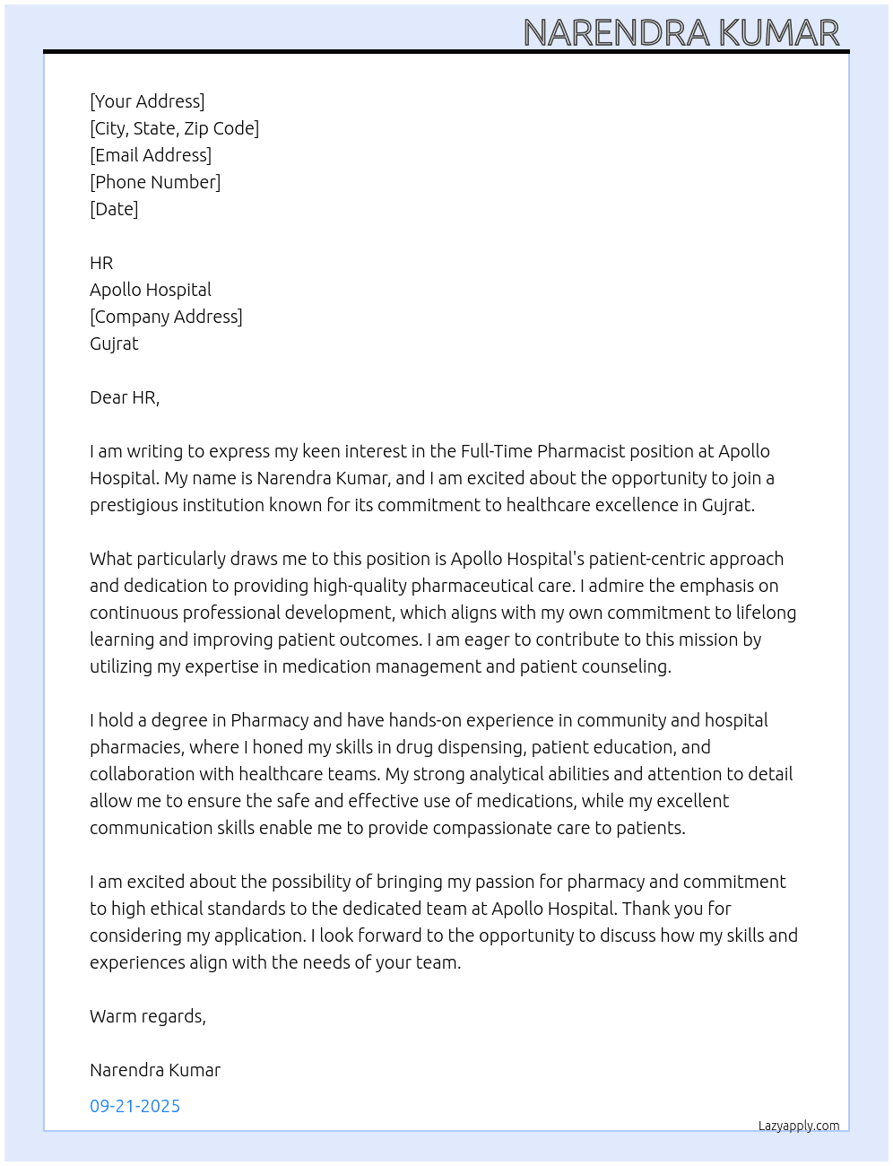 Pharmacist  At Apollo hospital  Cover Letter