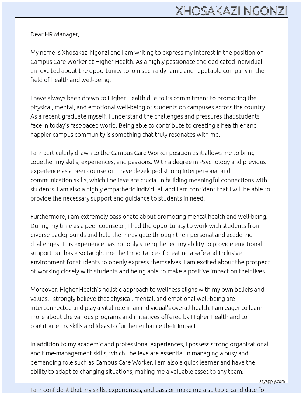 campus care worker At HIGHER HEALTH Cover Letter