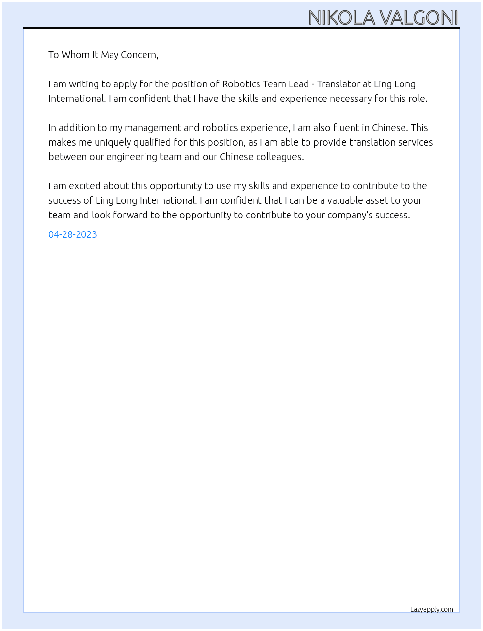 Robotics team lead - translator  At Ling Long International  Cover Letter