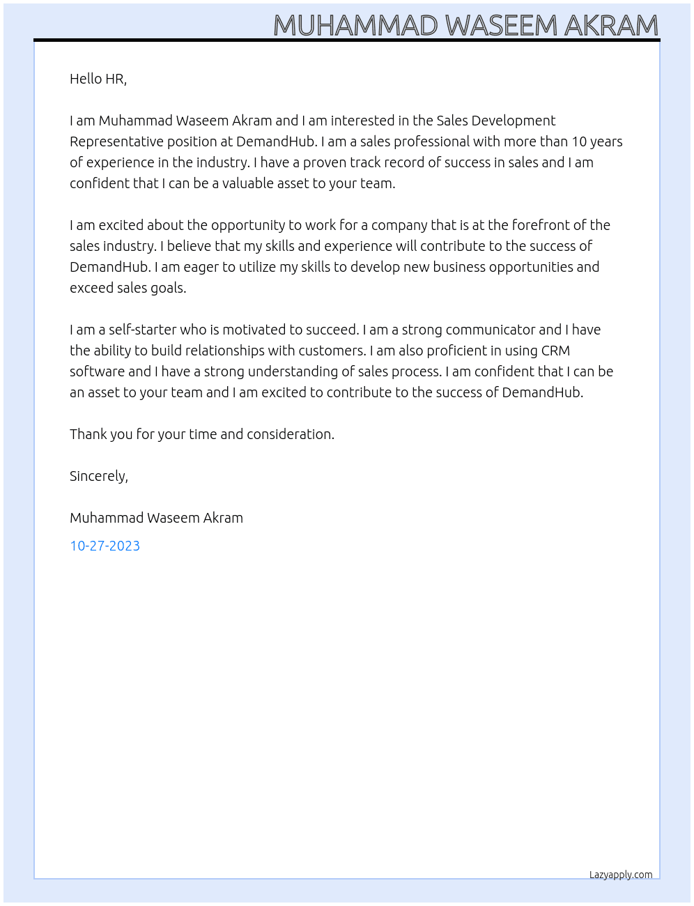 Sales Development Representative At DemandHub Cover Letter