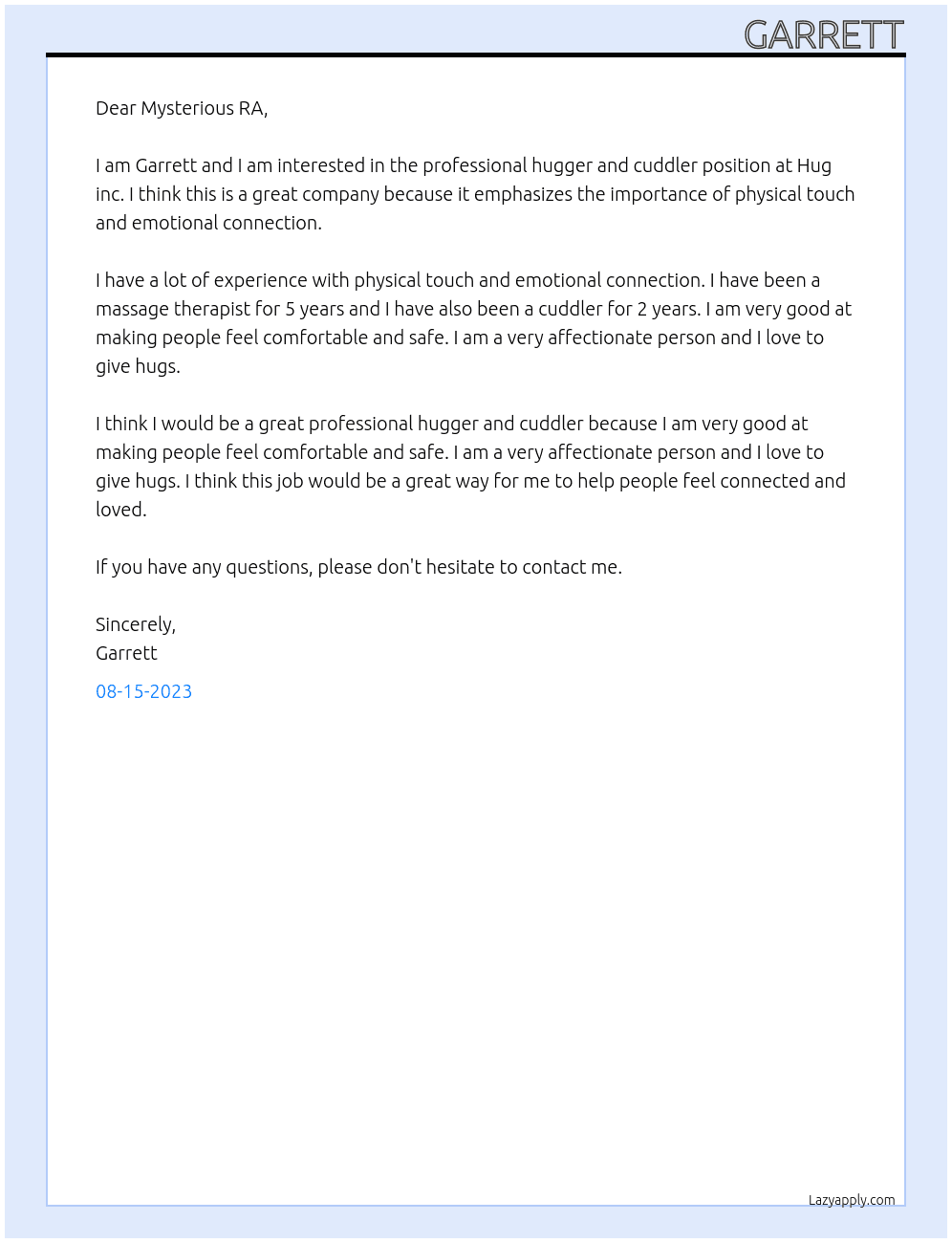 Professional Hugger and Cuddler  At Hug inc Cover Letter