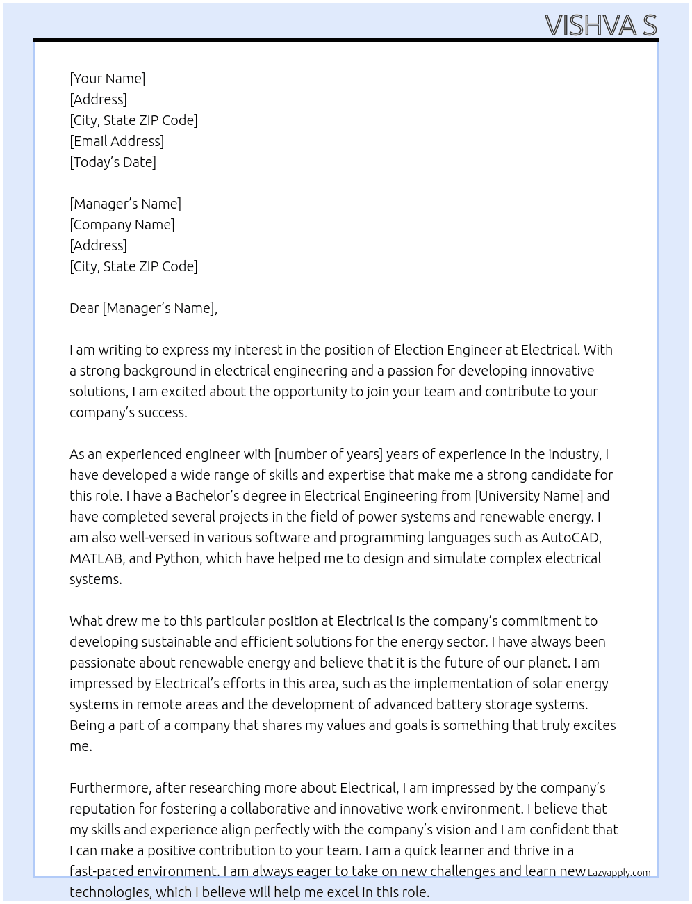 Election Engineer  At Electrical Cover Letter