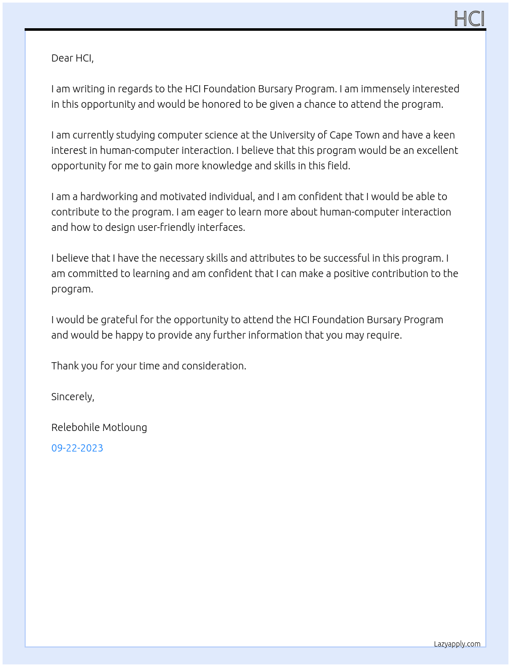 HCI Foundation Bursary Program At Hci Cover Letter
