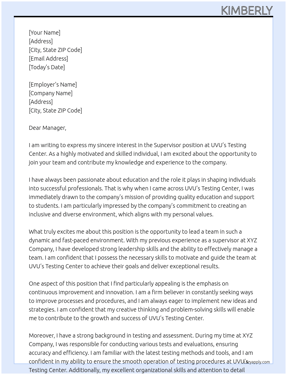 supervisor in testing center At UVU Cover Letter