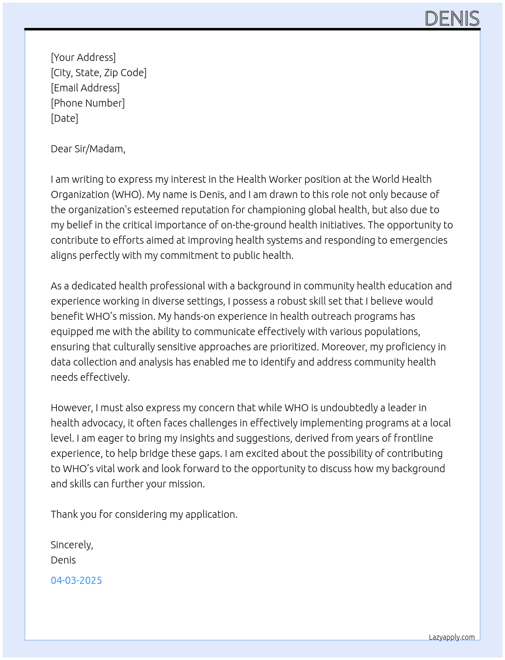 HEALTH WORKER At WHO Cover Letter