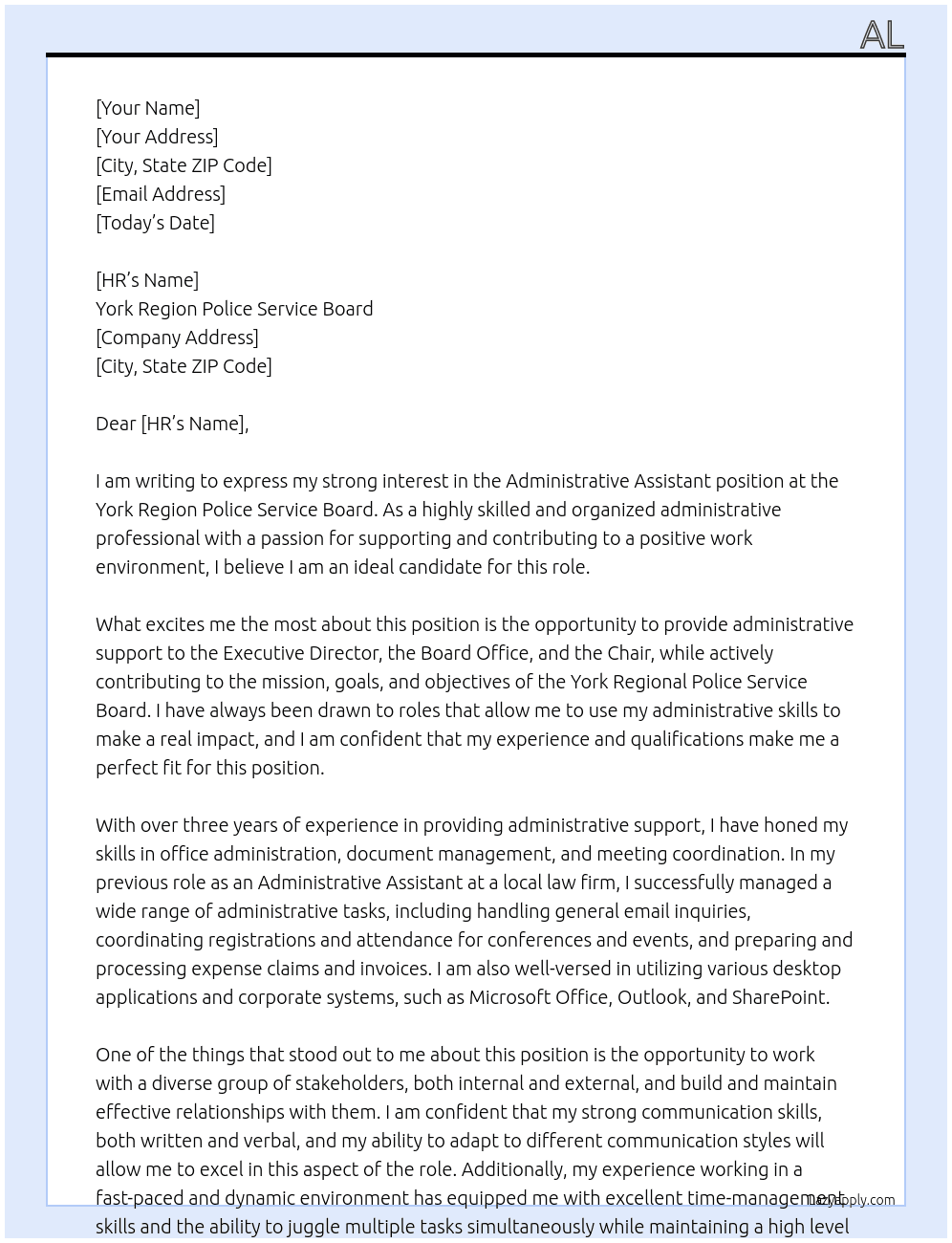 Administrative Assistant  At York Region Police Service Board Cover Letter