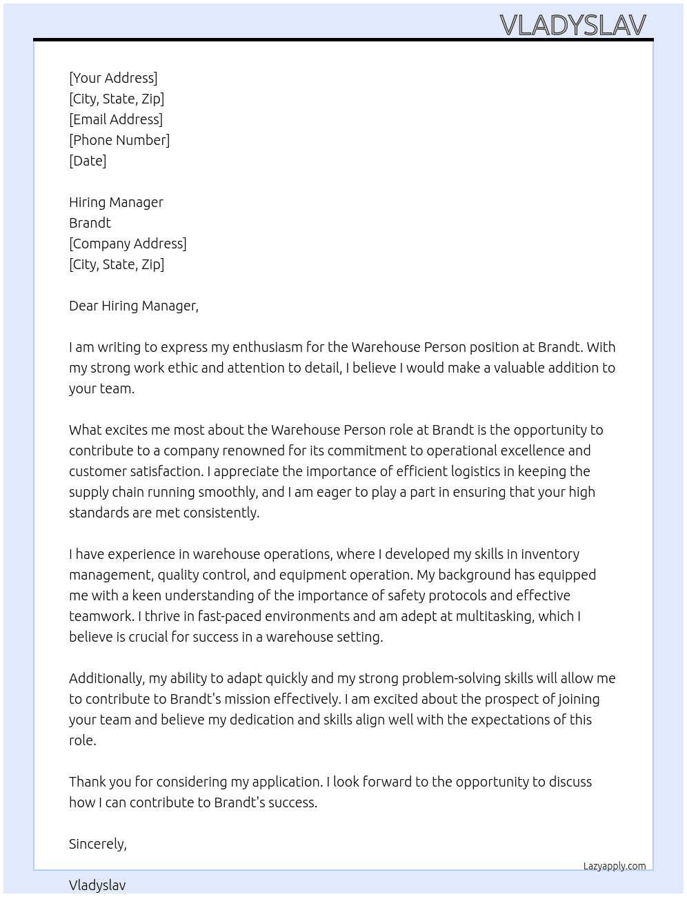Warehouse person At Brandt Cover Letter