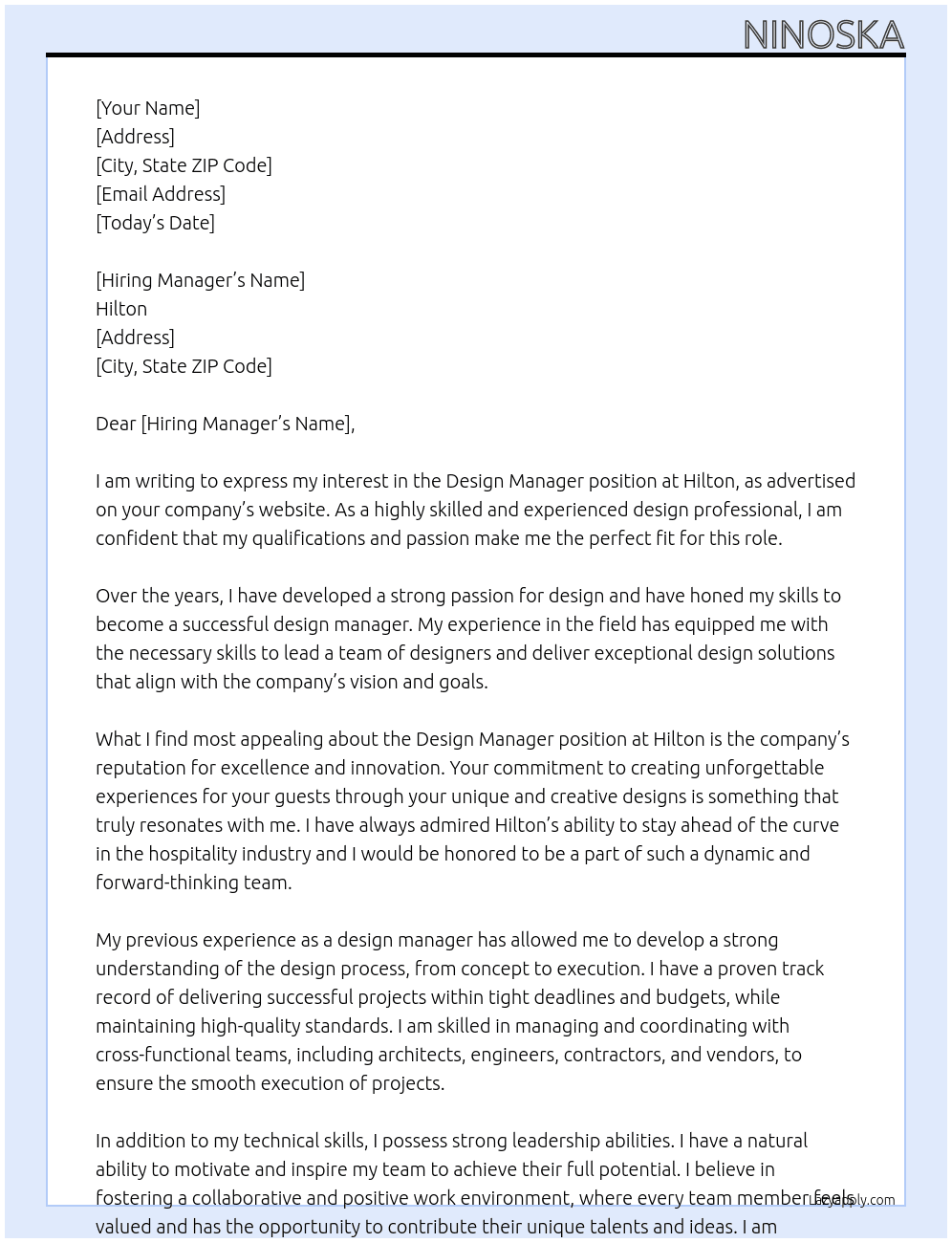 Design Manager At Hilton Cover Letter