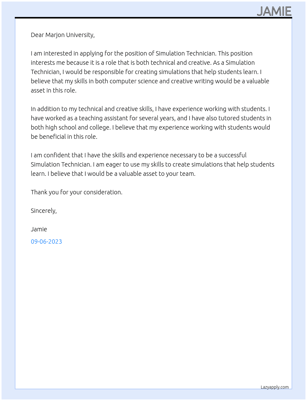Simulation Technician At Marjon University Cover Letter
