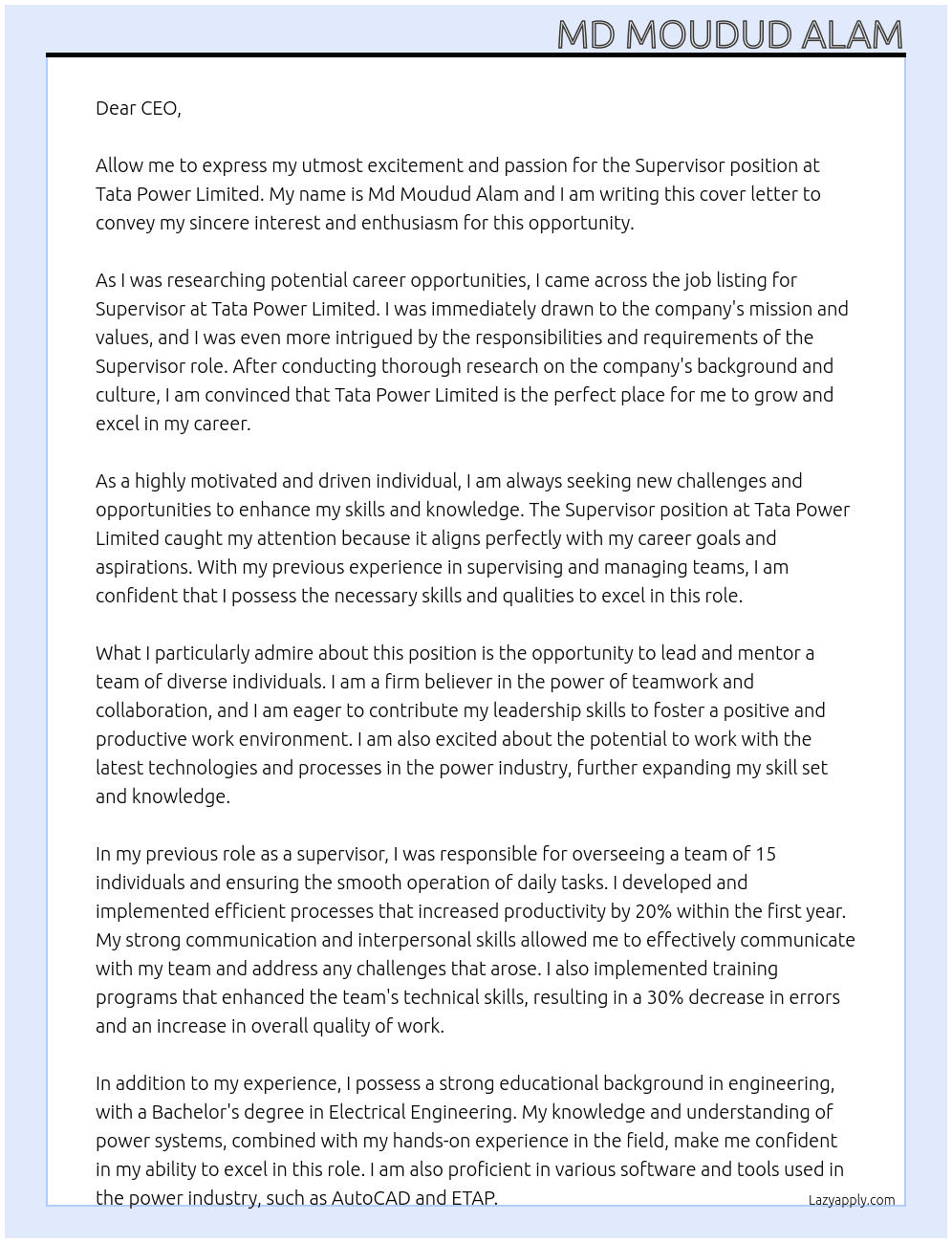 Supervisor At Tata Power Limited Cover Letter