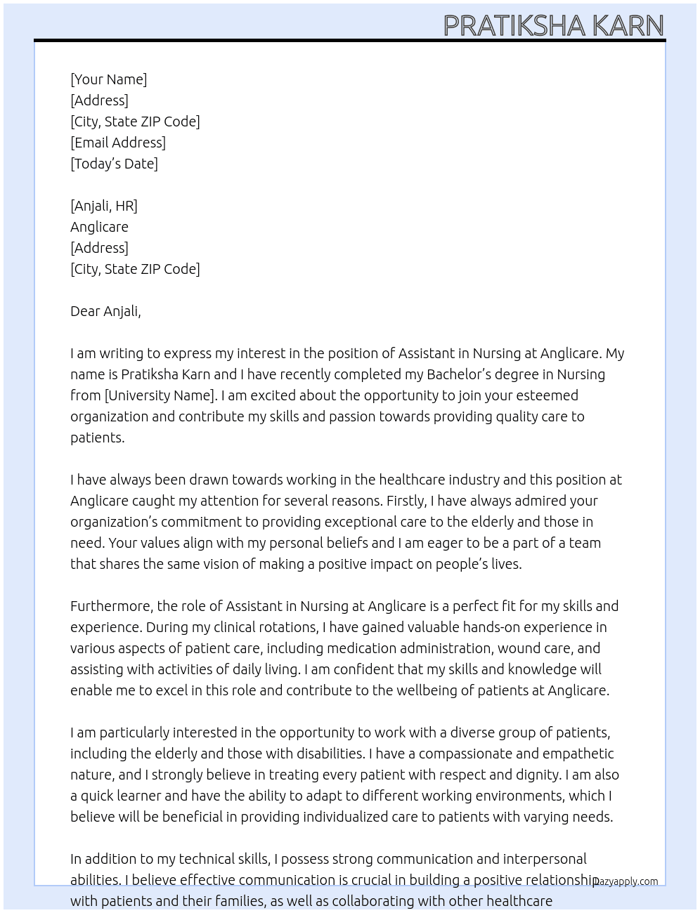 Assitant in Nursing At Anglicare Cover Letter
