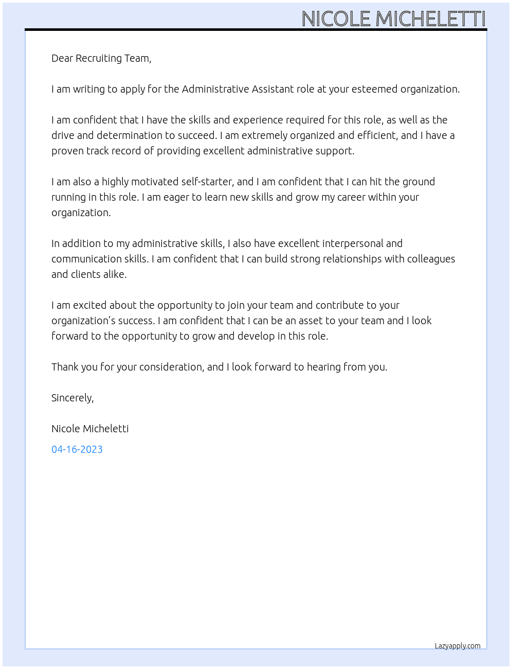 Administrative Assistant At esteemed organization Cover Letter