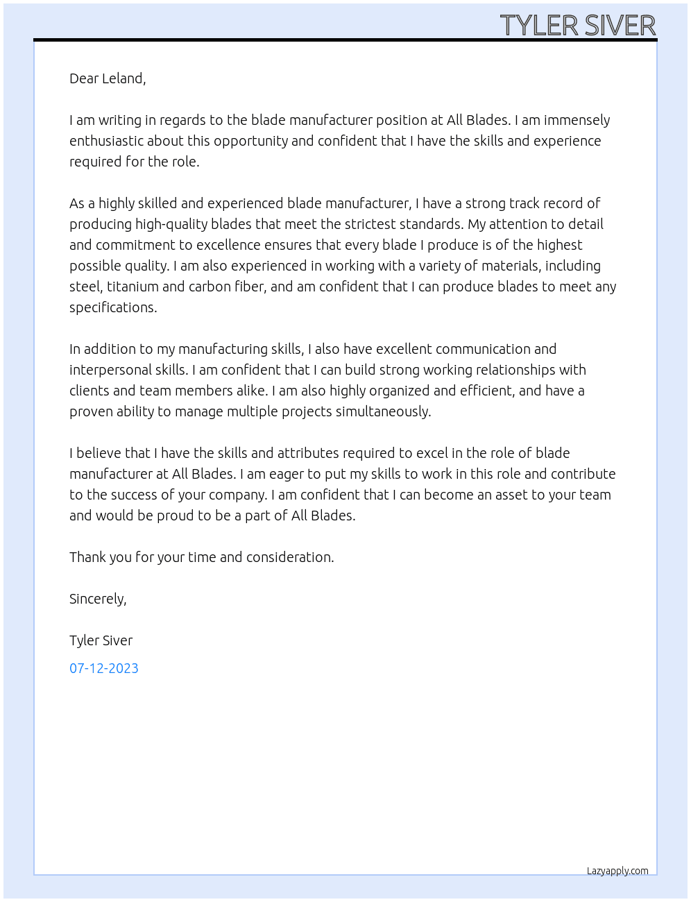 Blade Manufacturer At All Blades Cover Letter