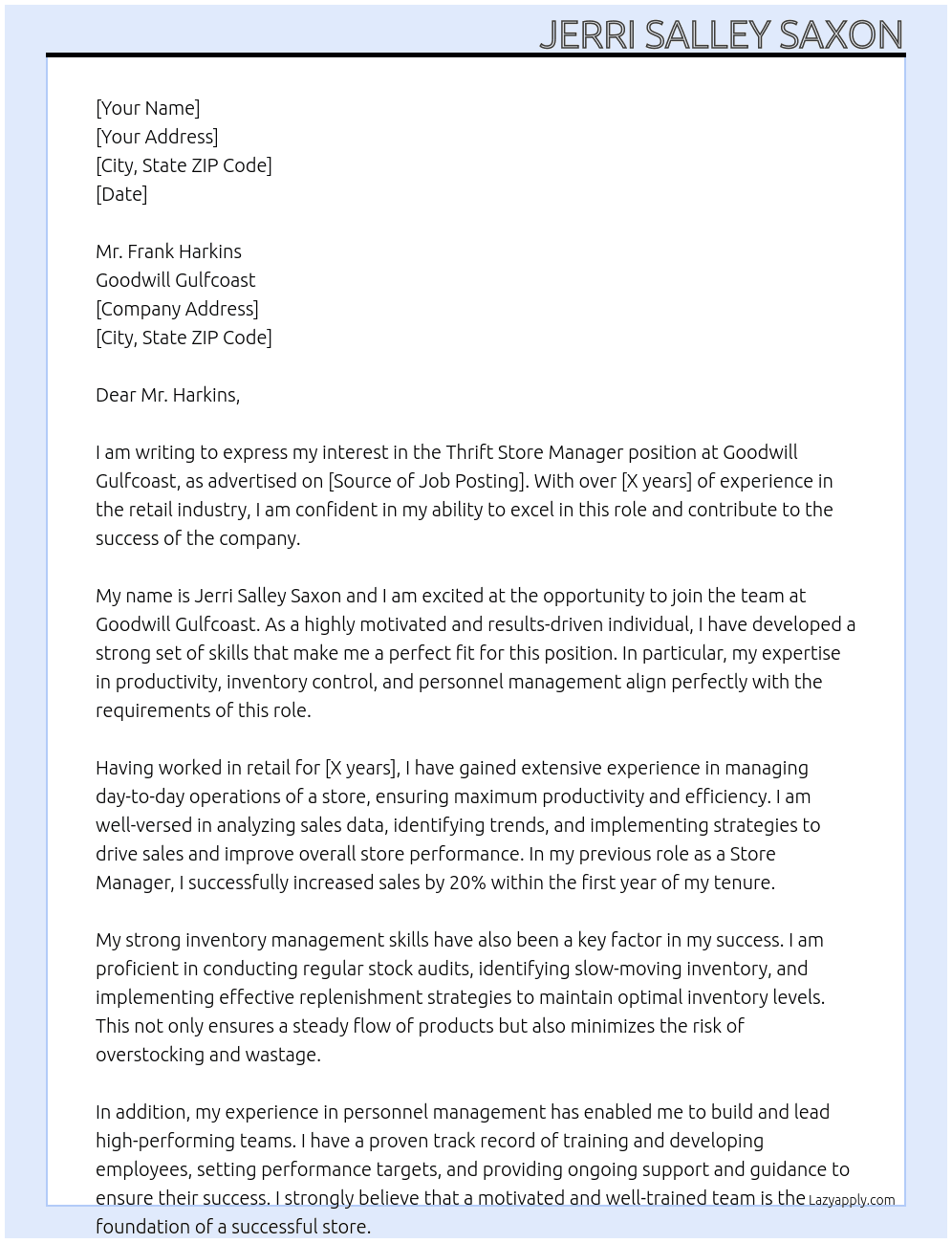 THrift Store Manager At Goodwill Gulfcoast Cover Letter
